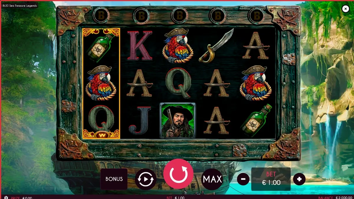 Sea Treasures Legend slot pirate theme with neon arcade aesthetic