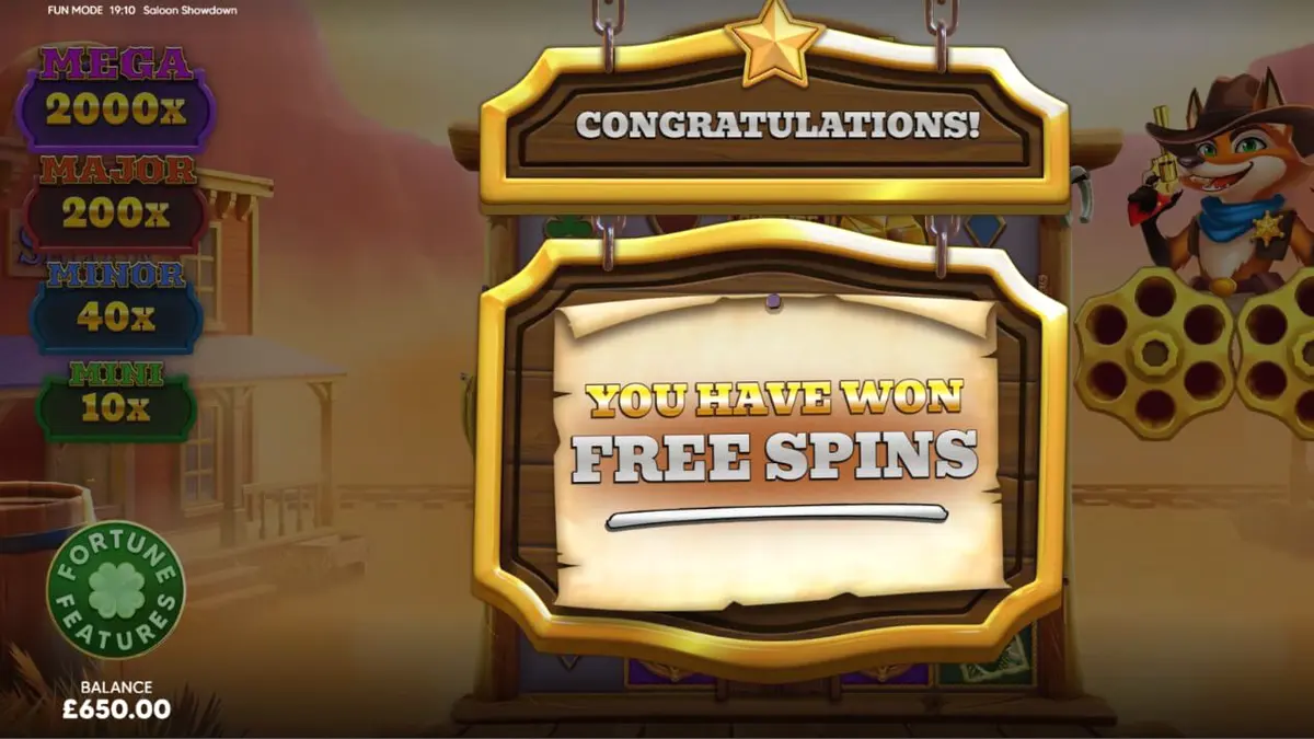 Tampilan visual slot Saloon Showdown 10,000x dengan tema koboi kartun
