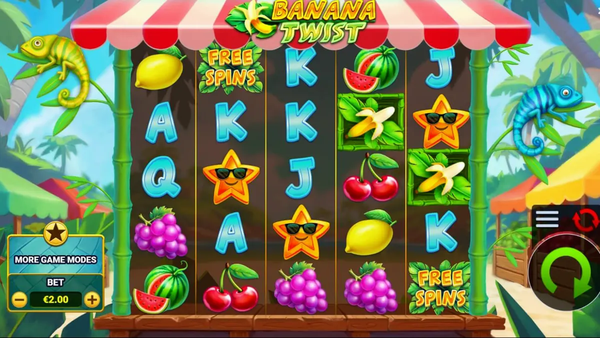 Tampilan visual slot Banana Twist dengan tema tropis dan simbol buah yang cerah