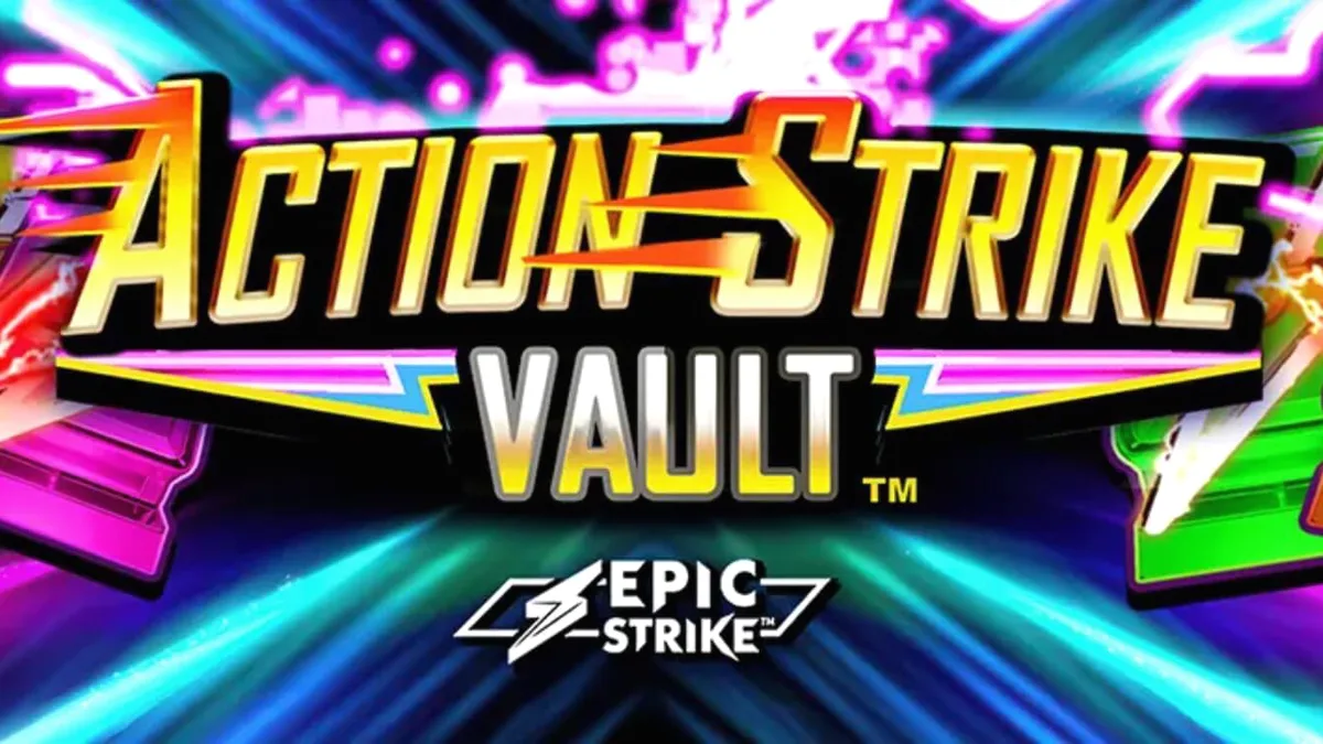 Tampilan visual slot Action Strike Vault dengan tema neon kosmik dan kasino.